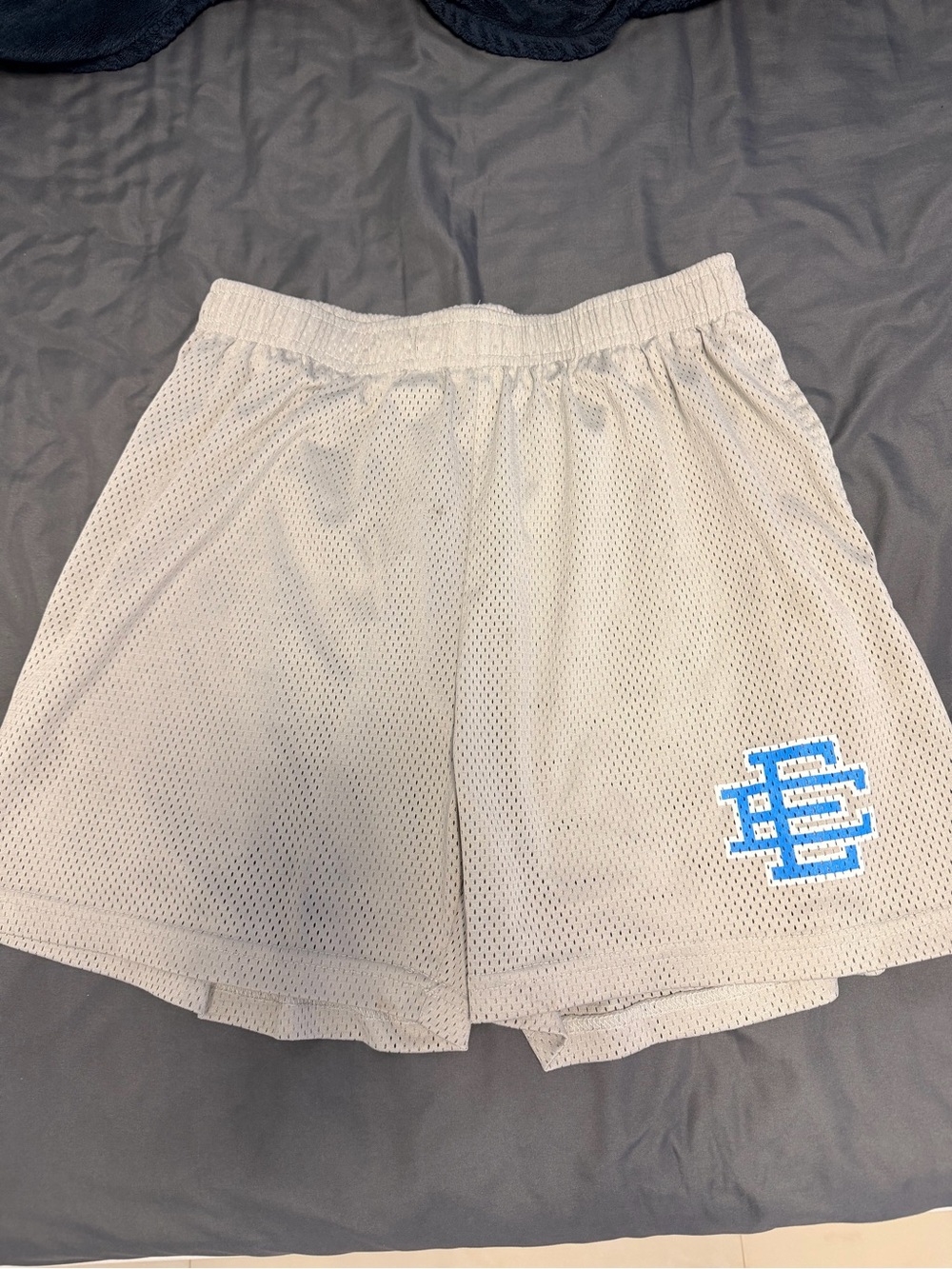 Eric Emanuel White Mesh Athletic Shorts with Light Blue EE Logo